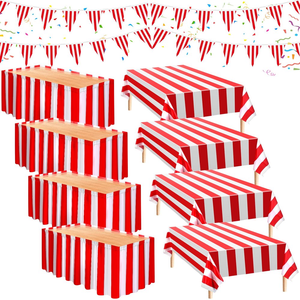 Chumia 10 Pcs Carnival Theme Party Decorations Circus Decorations Carnival Table Skirts Carnival Tablecloths Red White Striped Pennant Banners Circus Carnival Bunting Banners for Carnival Circus