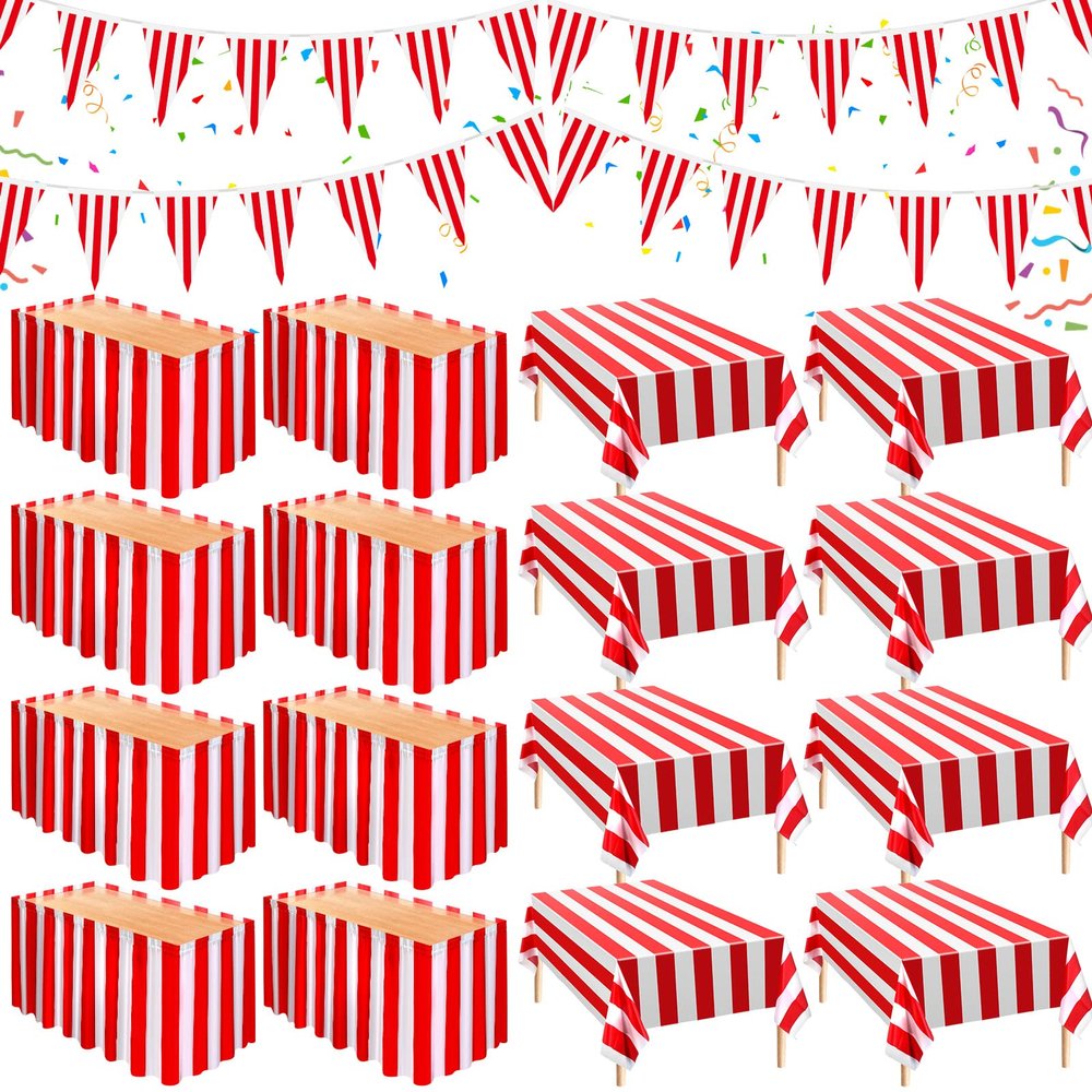 Chumia 20 Pcs Carnival Theme Party Decorations Circus Decorations Carnival Table Skirts Carnival Tablecloths Red White Striped Pennant Banners Circus Carnival Bunting Banners for Carnival Circus