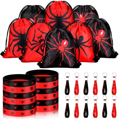 Lothee 32 Pcs Spider Party Favors Spiderweb Birthday Party Decor Drawstring Bag Goodies Bags with Rubber Bracelets Wristlet Keychain for Spiders Supplies Friends Gift Mardi Gras Accessories(Spider)