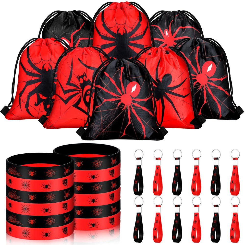 Lothee 32 Pcs Spider Party Favors Spiderweb Birthday Party Decor Drawstring Bag Goodies Bags with Rubber Bracelets Wristlet Keychain for Spiders Supplies Friends Gift Mardi Gras Accessories(Spider)