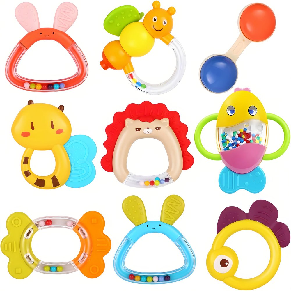 MOONTOY 9pcs Baby Rattles 3-6 Months, Infant Teething Toys 3-6 Months, Teethers Baby Toys 6-12 Months Sensory Toys for Babies 3 4 5 6 7 9 10 Month Boy Girl Gifts