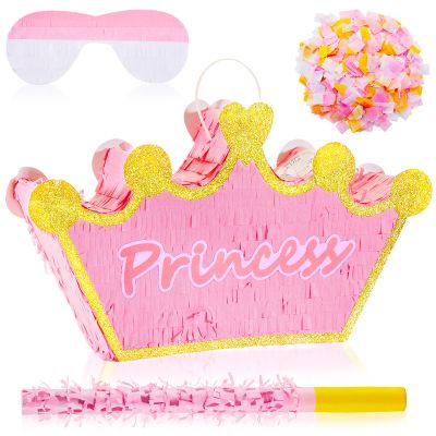 Lewtemi Pink Princess Piata for Girls with Stick Blindfold and Confetti Crown Piata for Princess Party Decorations, Photo Prop, Birthday, Funny Anniversary