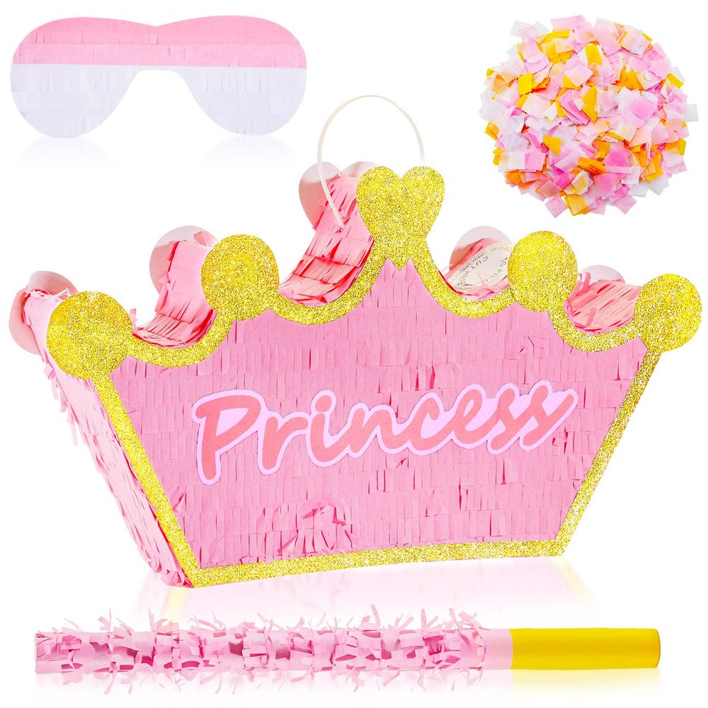 Lewtemi Pink Princess Piata for Girls with Stick Blindfold and Confetti Crown Piata for Princess Party Decorations, Photo Prop, Birthday, Funny Anniversary