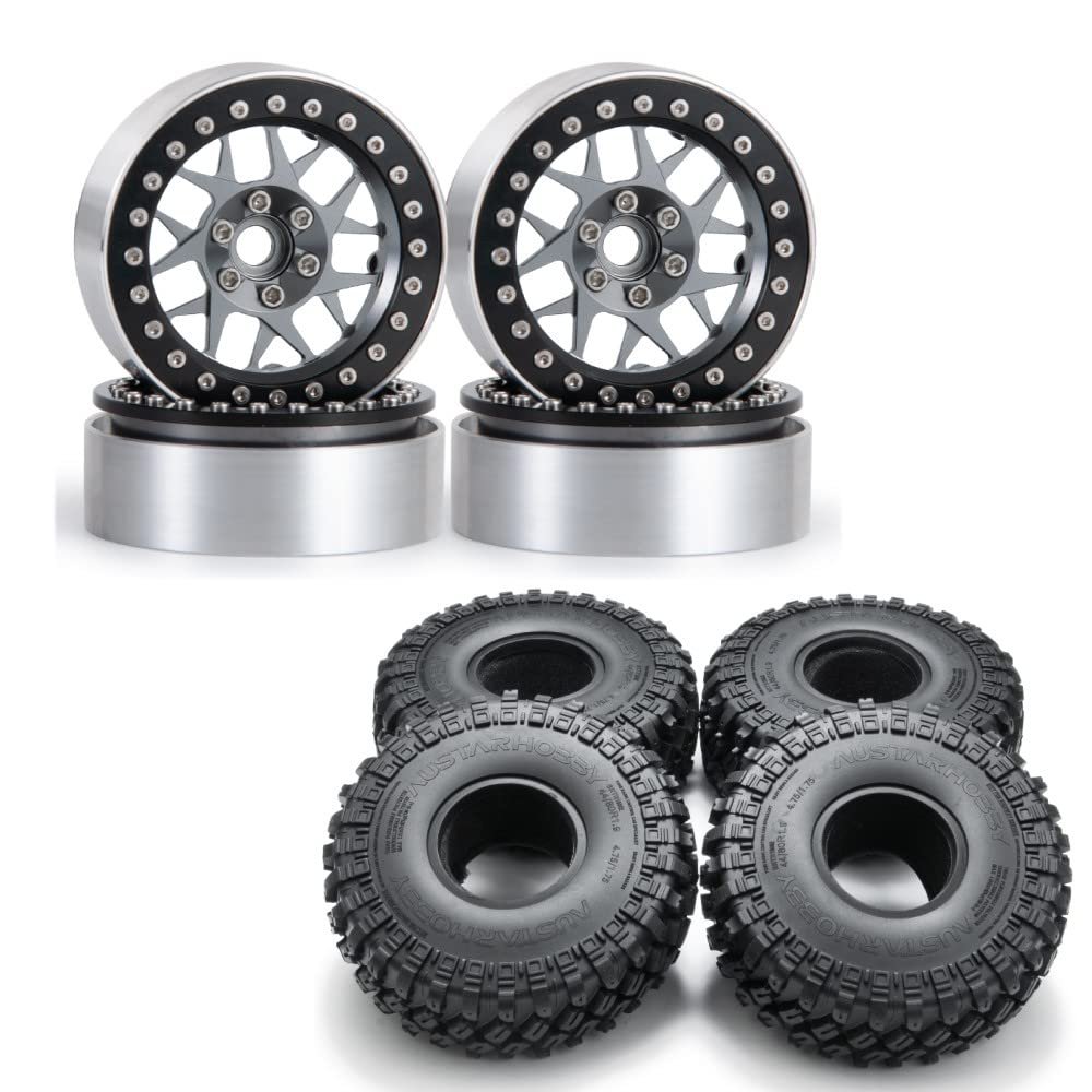 RCLIONS Aluminum Metal 1.9" Beadlock Wheels Rims and Rubber Tires for 1/10th RC Crawler Car