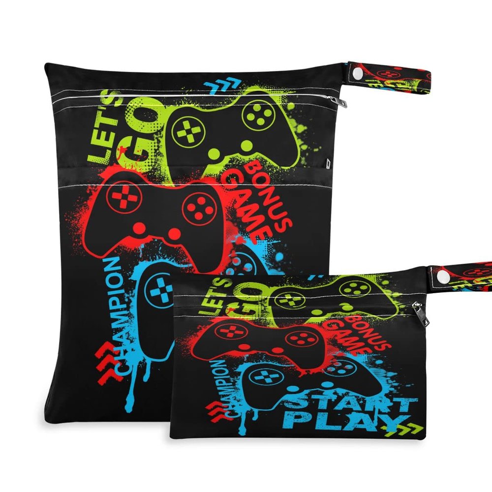Kigai Joystick Boys and Girls Game Cool Printing Beach Wet Dry Bag 2 Pack - Cloth Diaper Bags - Waterproof Reusable Diaper Organizer for Soiled Items or Wet Clothes