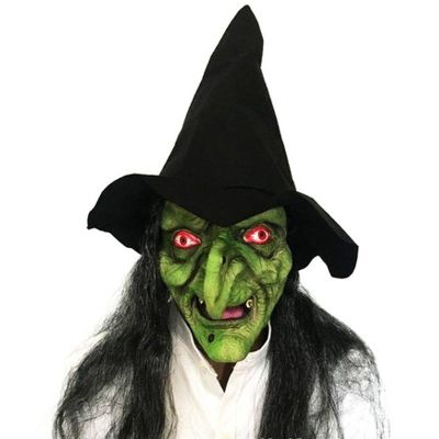Latex Witch Mask with Black Hair and Hat, Halloween Scary Old Woman Horror Costume Party Props Creepy Cosplay, Green