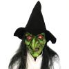 Latex Witch Mask with Black Hair and Hat, Halloween Scary Old Woman Horror Costume Party Props Creepy Cosplay, Green view 1