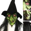 Latex Witch Mask with Black Hair and Hat, Halloween Scary Old Woman Horror Costume Party Props Creepy Cosplay, Green view 4