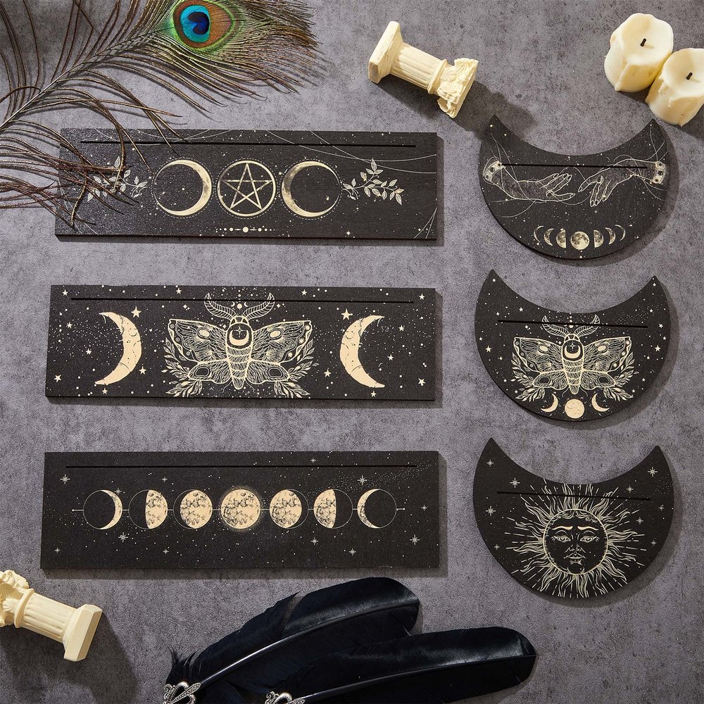 Queekay 6 Pieces Wooden Tarot Card Holder Stand Include Tarot Card Deck Holders Moon Shaped Display Black Altar Stands for Oracle Witch Divination Tools Wiccan Supplies