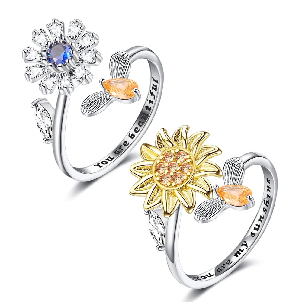 Honsny Fidget Rings for Women, Spinner Fidget Ring Set, Sunflower Butterfly Bee Star Moon Relief Spinning Rings for Adults
