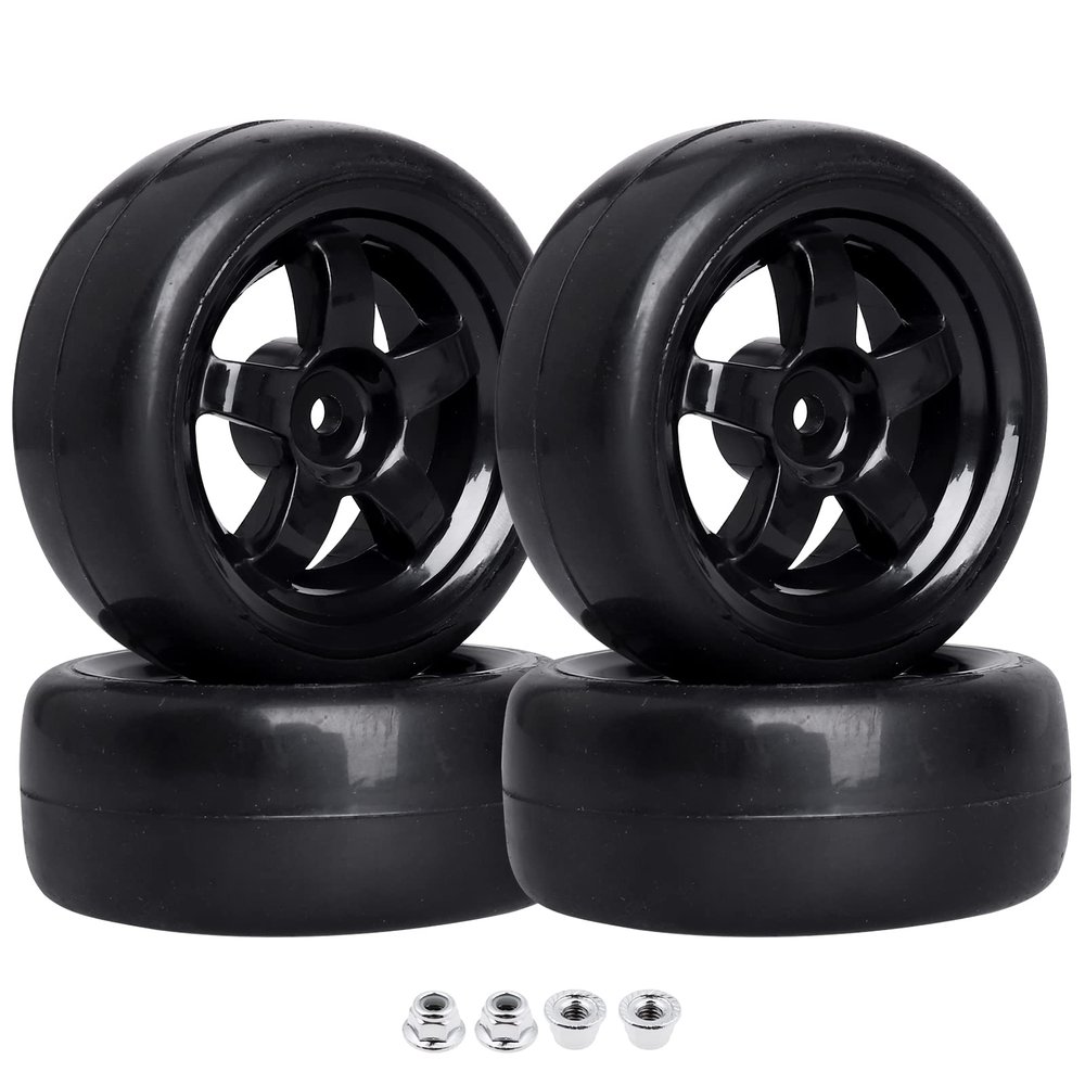 Hobbyfire Pre-Glued OD 2.56" 12mm Hex Wheels Rims and Rubber Tires for Traxxas Tamiya HPI HSP Redcat RC 1/10 On Road Racing Car, Set of 4 (Color G)