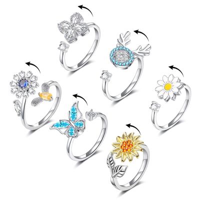 KOHOTA Fidget Rings for Women Spinner Ring for Anxiety Adjustable CZ Sunflower Butterfly Rose Star Moon Stress Relief Open Rings Set