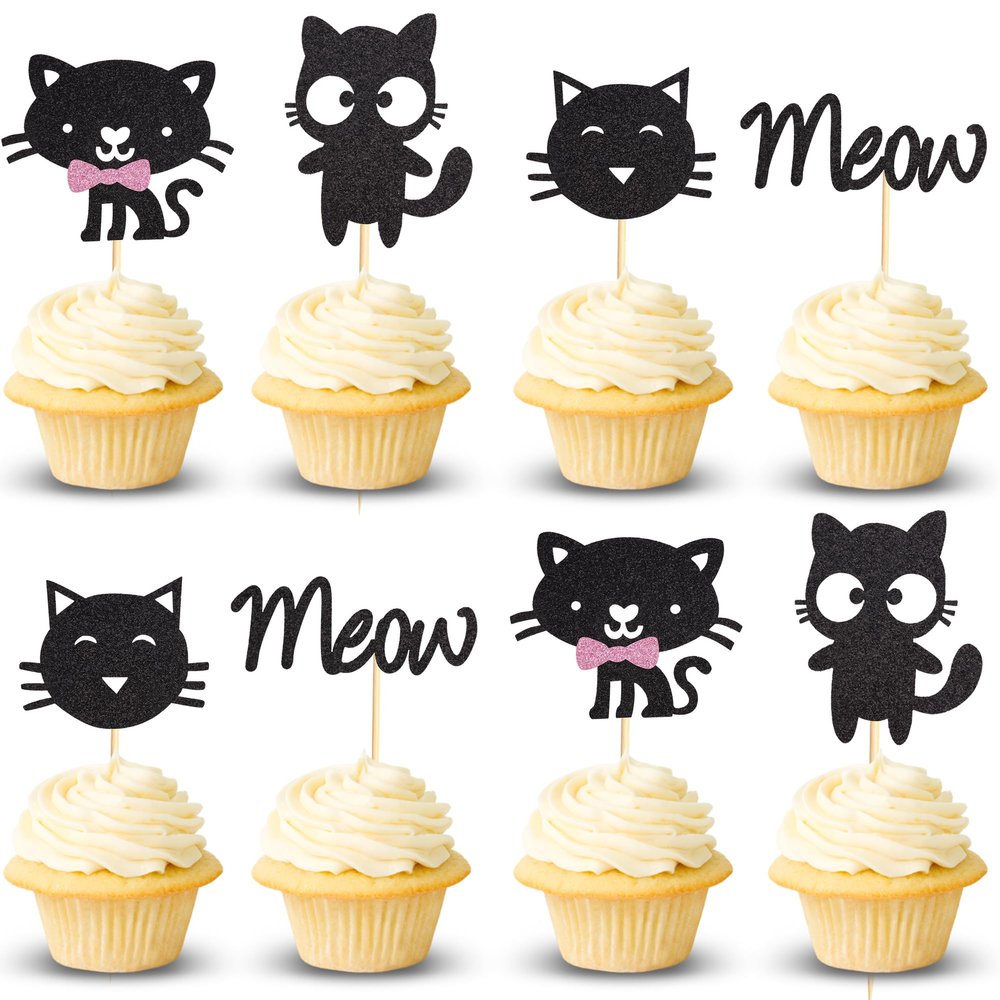 Arthsdite 24Pcs Cat Cupcake Toppers Kitten & Meow Cupcake Food Picks - Cat Lover Kitten Theme Baby Shower Kids Birthday Wedding Party Cake Decorations Supplies - Black Glitter
