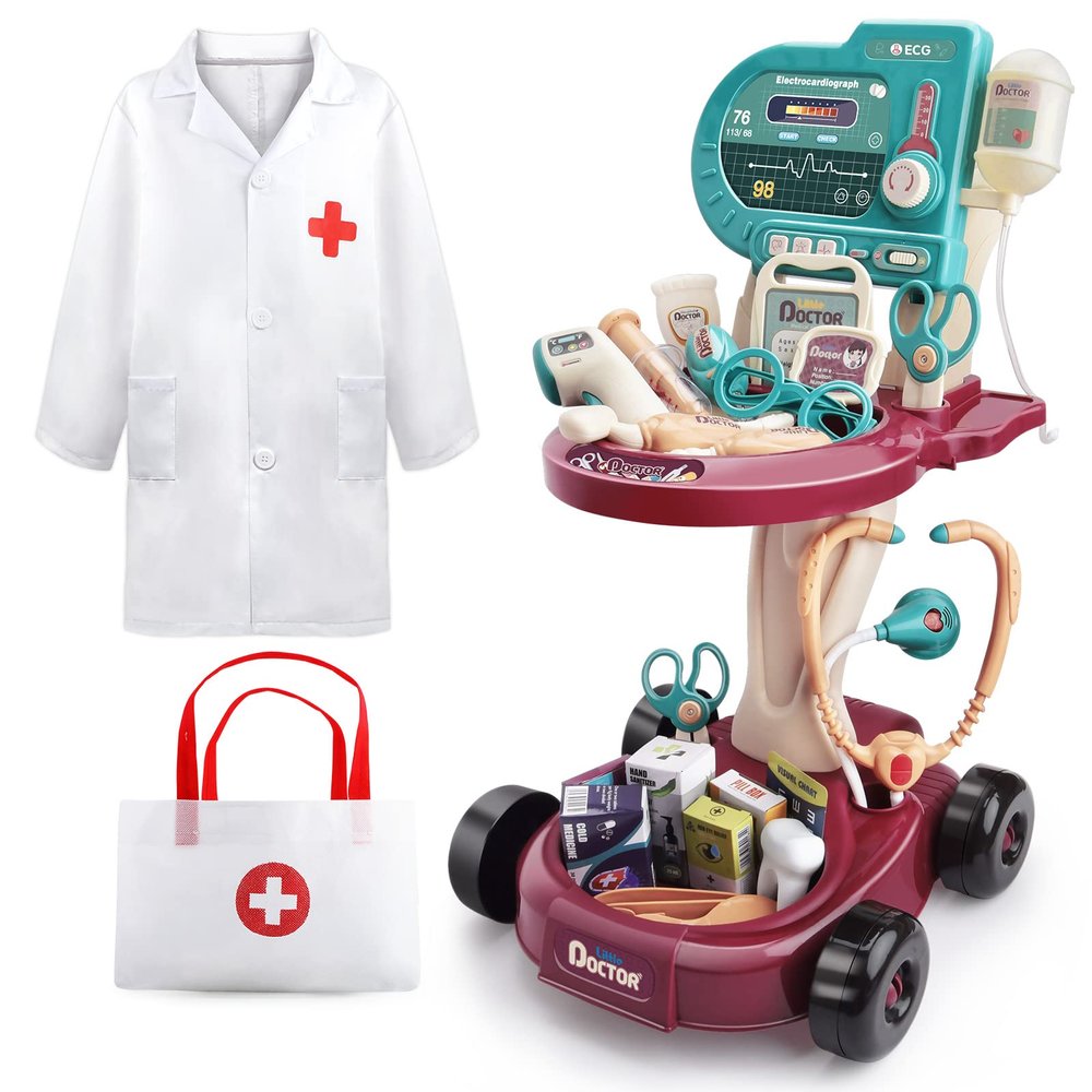 Deejoy Toy Doctor Kit for KidsDoctor Role Play CostumeMedical BagEye ChartThermometerStethoscopePulse Machine24 Piece Pretend Medical Station Set for Boys & Girls Great Gift for Toddler