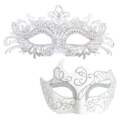 MYSEUNI White Masquerade Mask for Couples - Shiny Rhinestone Filigree Metal Venetian Mask & Mens Vintage Venetian Mask for Wedding Evening Prom Mardi Gras Masquerade Ball