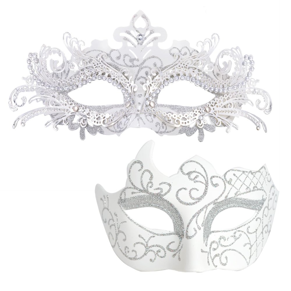 MYSEUNI White Masquerade Mask for Couples - Shiny Rhinestone Filigree Metal Venetian Mask & Mens Vintage Venetian Mask for Wedding Evening Prom Mardi Gras Masquerade Ball