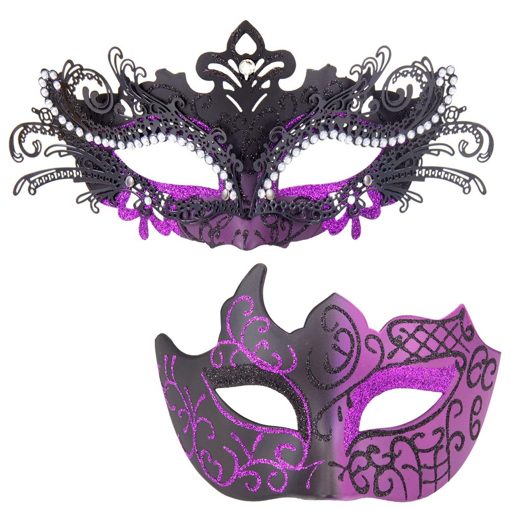 MYSEUNI Purple Masquerade Mask Couples Set - Venetian Mask Women & Mens Venetian Mask for Mardi Gras,Mascarade Ball Prom, Halloween Party Carnivals