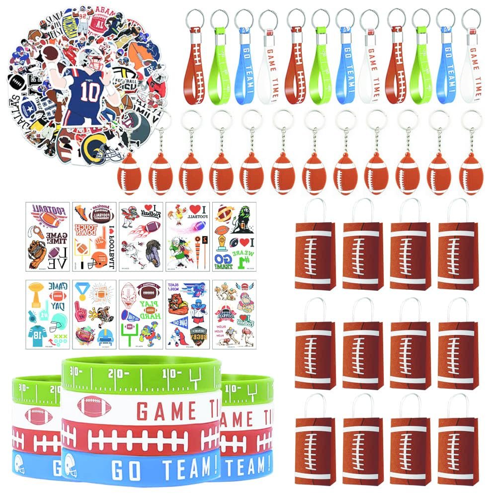 108 Pcs Football Party Favor Set Football gift bags Football Silicone Keychain Silicone Bracelet Stickers tattoo stickers Prefect for Football theme Party and Birthday Party supplies decorations