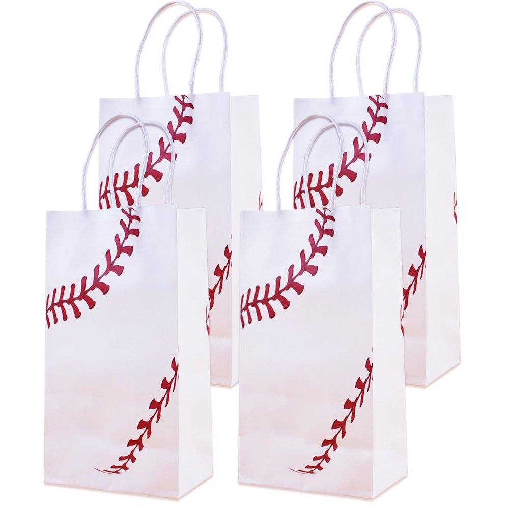 16 Pcs Baseball Gift Bags with Handles Baseball Party Favor Bags Baseball Party Candy Bags for Kids Sports Theme Birthday Party Baseball Birthday Party Favors Supplies Sports Party Decoration, white