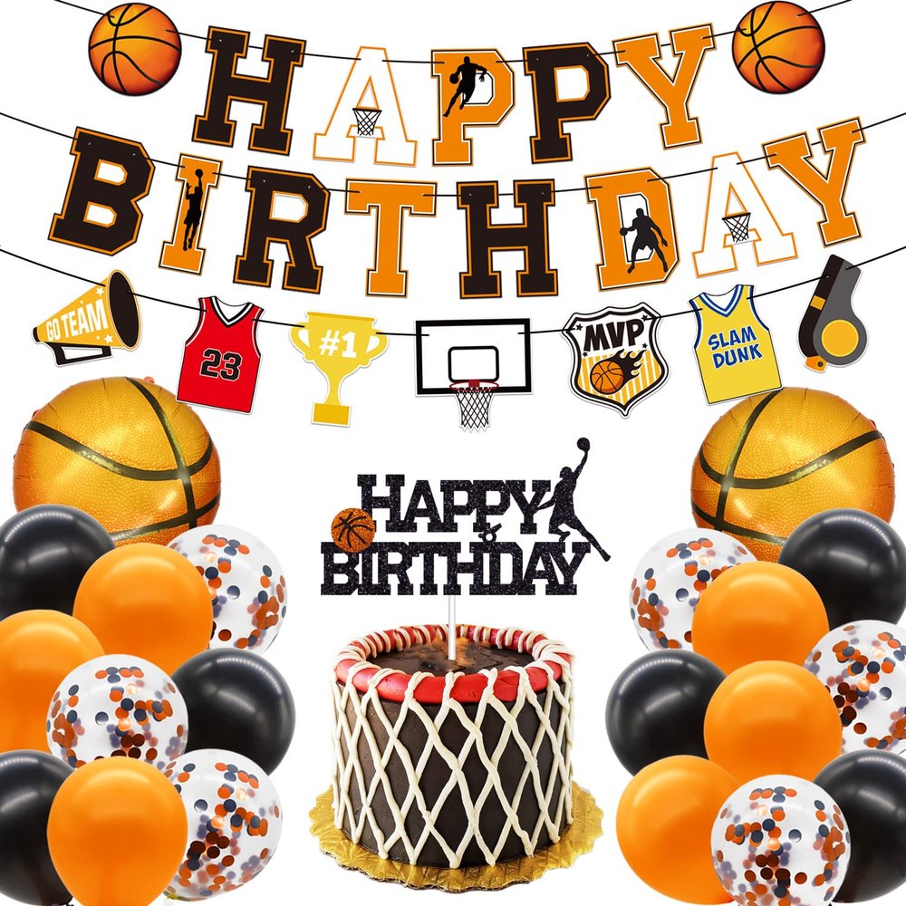Basketball Birthday Decorations Include Pre-Strung Happy Birthday Banners, NO DIY Cake Topper, Balloons, Slam Dunk Sports Game Day Themed B-Day Party Supplies for Kids Teenagers Boys Men Women