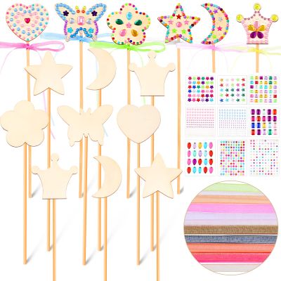 Chinco 36 Sets Princess Fairy Wands Kit Include Wooden Fairy Wands, Gem Stickers, Ribbons Unfinished Wooden DIY Magical Crafts Moon Butterfly Magical Crafts for Girls Make Your Own Princess