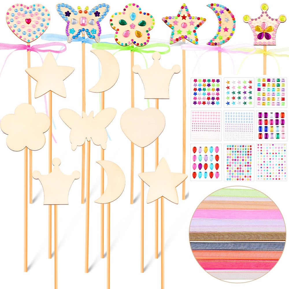 Chinco 36 Sets Princess Fairy Wands Kit Include Wooden Fairy Wands, Gem Stickers, Ribbons Unfinished Wooden DIY Magical Crafts Moon Butterfly Magical Crafts for Girls Make Your Own Princess