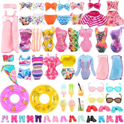 Lot 26 Pack Doll Clothes and Accessories Beach Bathing Set Including 5 Swimsuit 1 Bathrobe 2 Swimming Rings with 18 pcs Glasses Shoes Drinks for 11.5 inch Girl Dolls