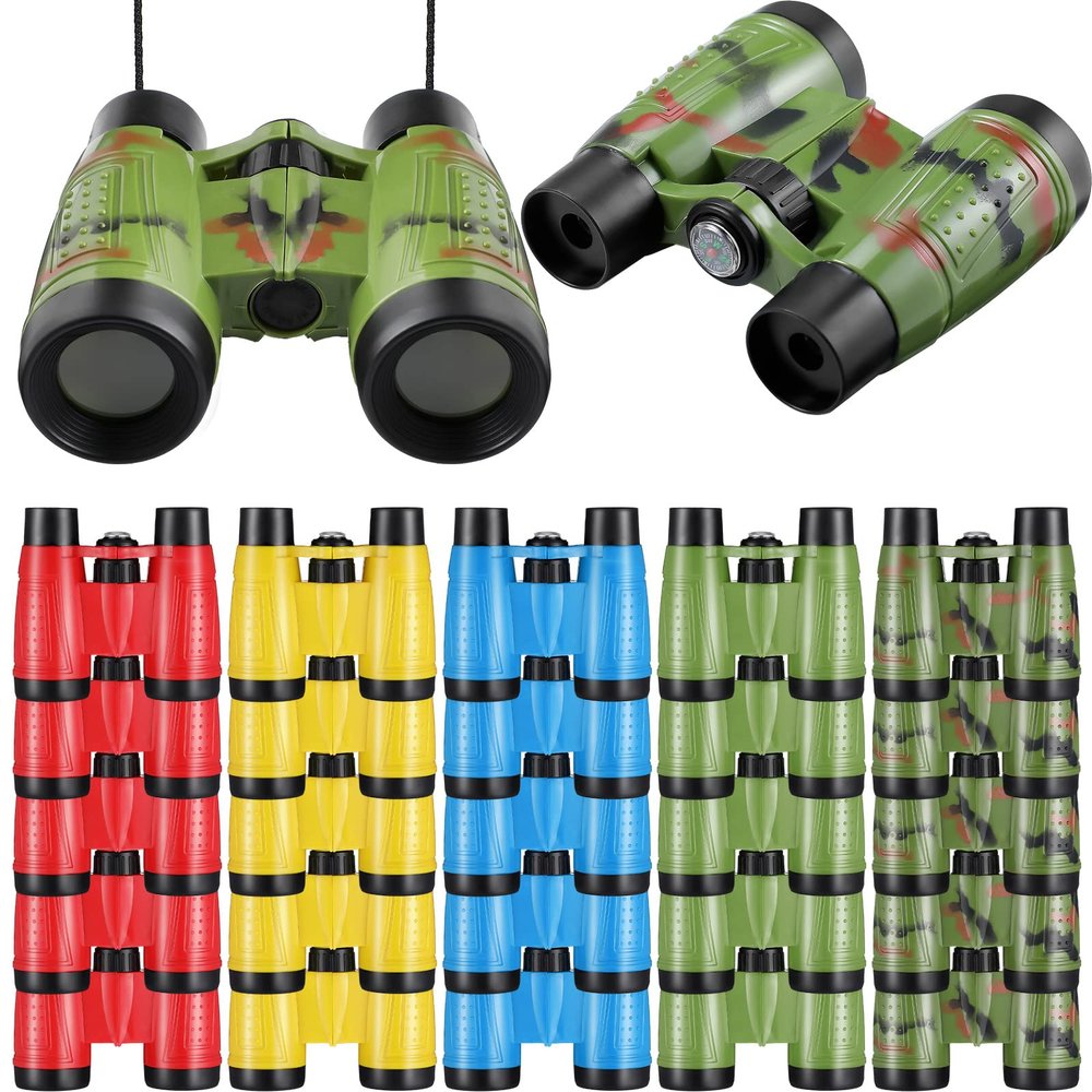 25 Pack Binoculars for Kids 6+ Years Old, with Compass and Neck String Toddler Toy Binoculars Gift Set for Camping Adventure, Party Favor, Red, Yellow, Camo, Green, Blue