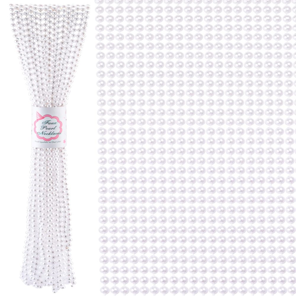 ABONDEVER 32Pcs 6mm Faux White Pearl Beads Necklaves Bulk Party Favor Plastic Play Pearl Necklaces for Women Pearls for Flapper Tea Party Gatsby 20's Wedding Decorations
