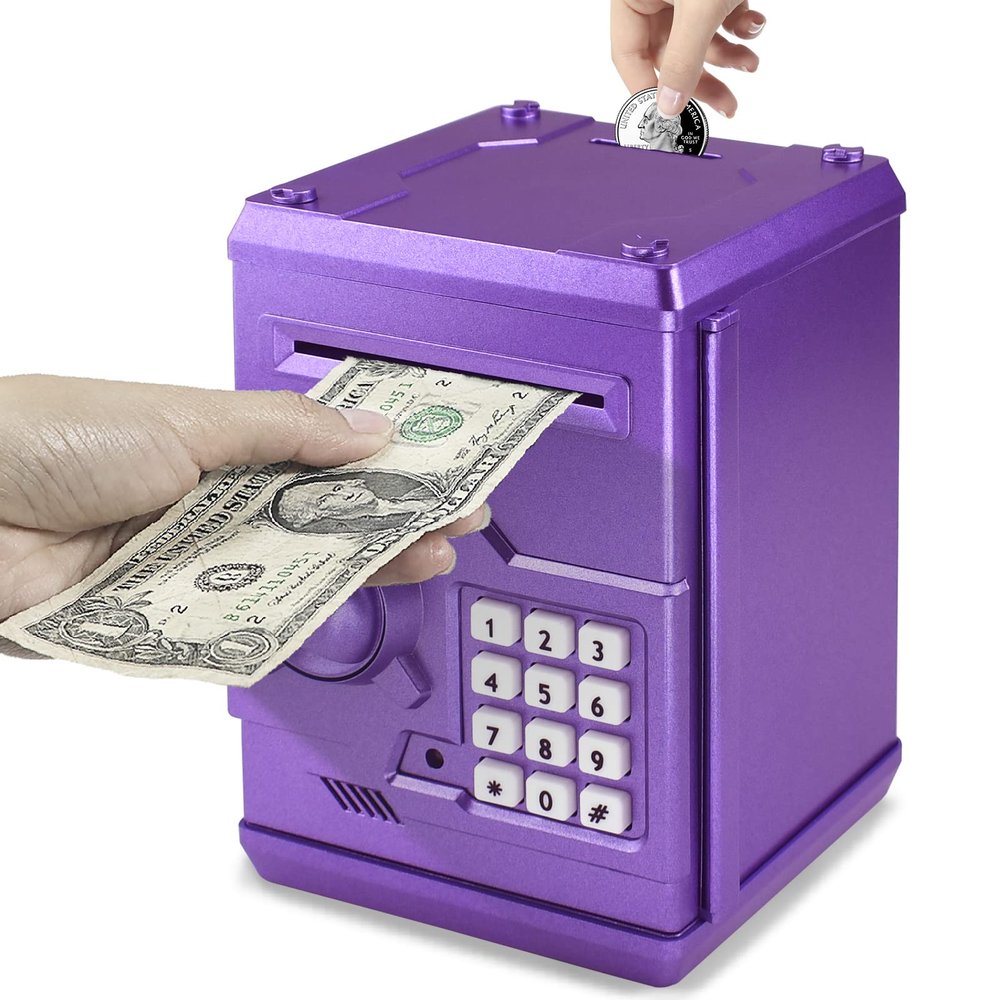 HUSAN Piggy Banks Money Banks for Kids, Electronic Password Code Money Banks ATM Banks Box Coin Bank for Children Boys and Girls (Purple Gold)