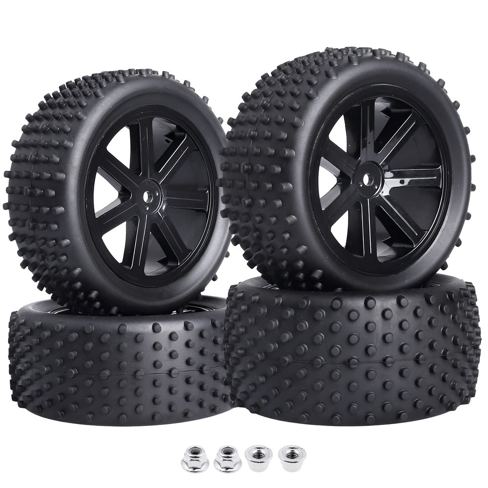 Hobbyfire Pre-Glued OD 3.46" 12mm Hex Wheels Rims and Rubber Tires for Traxxas Bandit VXL Wltoys 144001 Losi Redcat HSP HPI 1/10 Scale Off Road Buggy, Set of 4