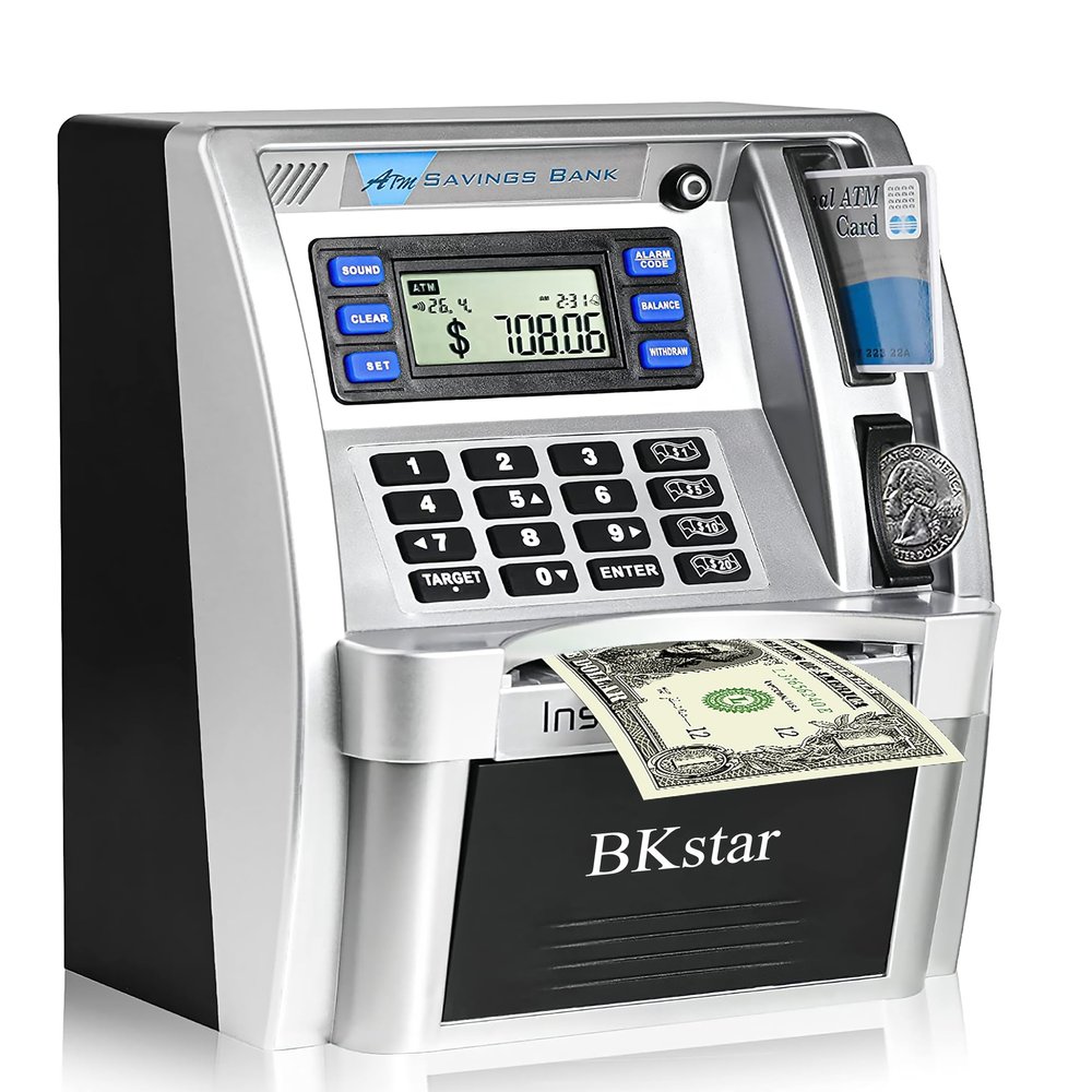BKstar ATM Piggy Bank for Kids - Talking Electronic Money Bank with Debit Cards & Digital Coin Counter for Real Money, Boys Girls