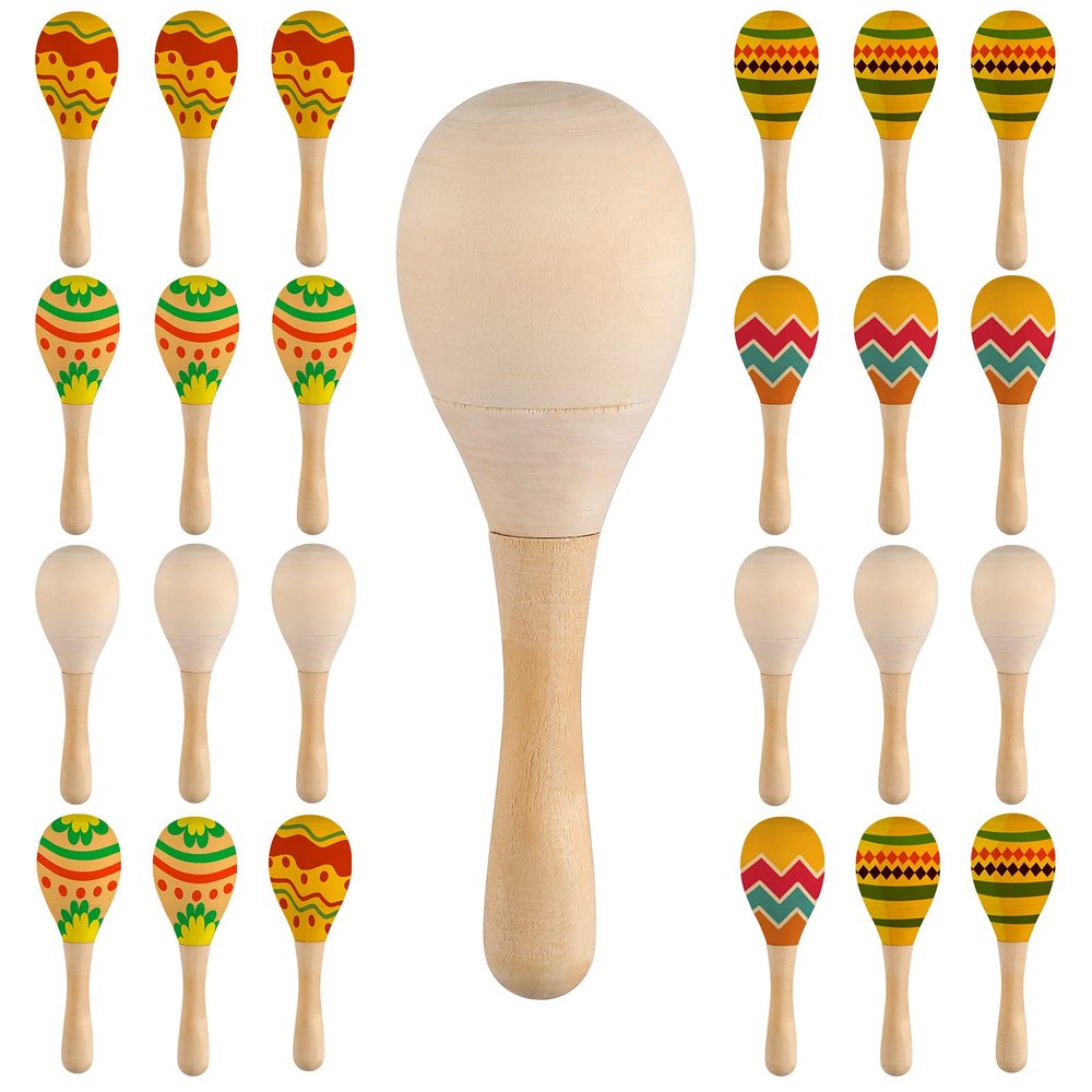 Charniol 24 Pack DIY Wood Kids Maracas - Unfinished Hand Painted Party Favors Mini Wooden Fiesta for Painting Craft Mexican Birthday Baby Shower Luau Party Decor Instruments