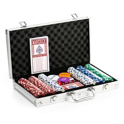 Maverick Texas Hold 'Em Poker Set with Aluminum Case, 300 11 Gram Casino Poker Chips, 2 Decks of Maverick Playing Cards, 5 Red Dice, and 3 Buttons Casino Game for Adults