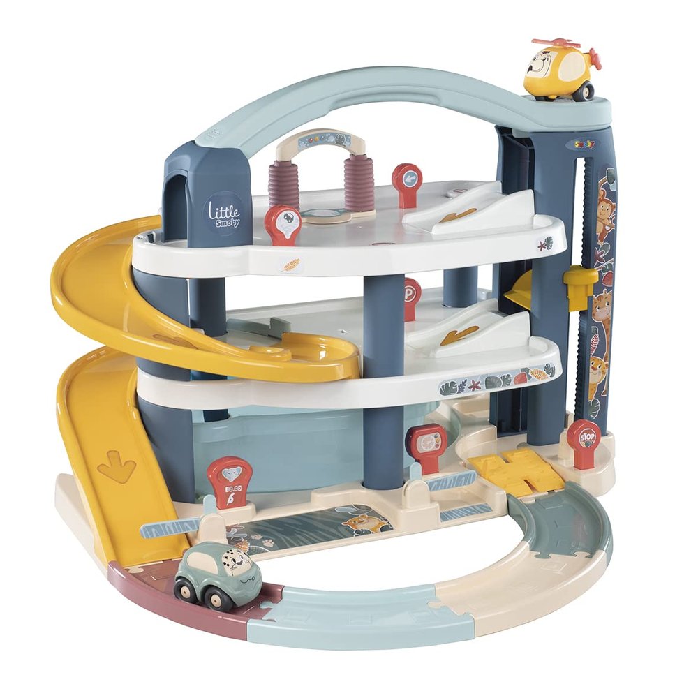 Smoby 7600140203 - Little Smoby Large Parking Garage - Parking Garage from Little Smoby with Lift, Car Wash and Ramp, 2 Vehicles and 4 Tracks Included, from 18 Months, Made in France