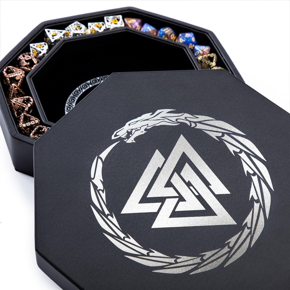 Soar Forge Dice Tray for DND and RPG - Beautiful Valknut and Dragon 9 Inch Rolling Tray Compatible with Dungeons and Dragons and Tabletop RPGs - Box Storage to Protect Dice