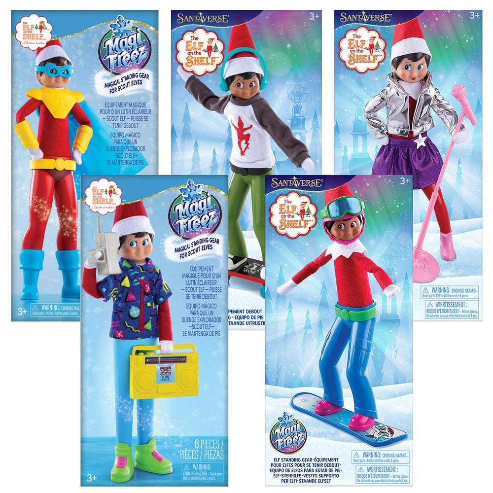 The Elf on The Shelf Magi-Freez Complete Set: Polar Power Hero, Swish & Sleigh Snowboarder, Pop Star, Holly Jolly Ollie Skateboarder, and Retro Rad 80s Gear (Scout Elf not Included)