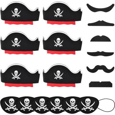 Halatool 6 Set Pirate Accessories for Kids, Include 6 Felt Pirates Hats with 6 Eye Patches and 6 Mustaches, Pirate Costume Accessories for Halloween, Masquerade, Cosplay, Party Favors Decor