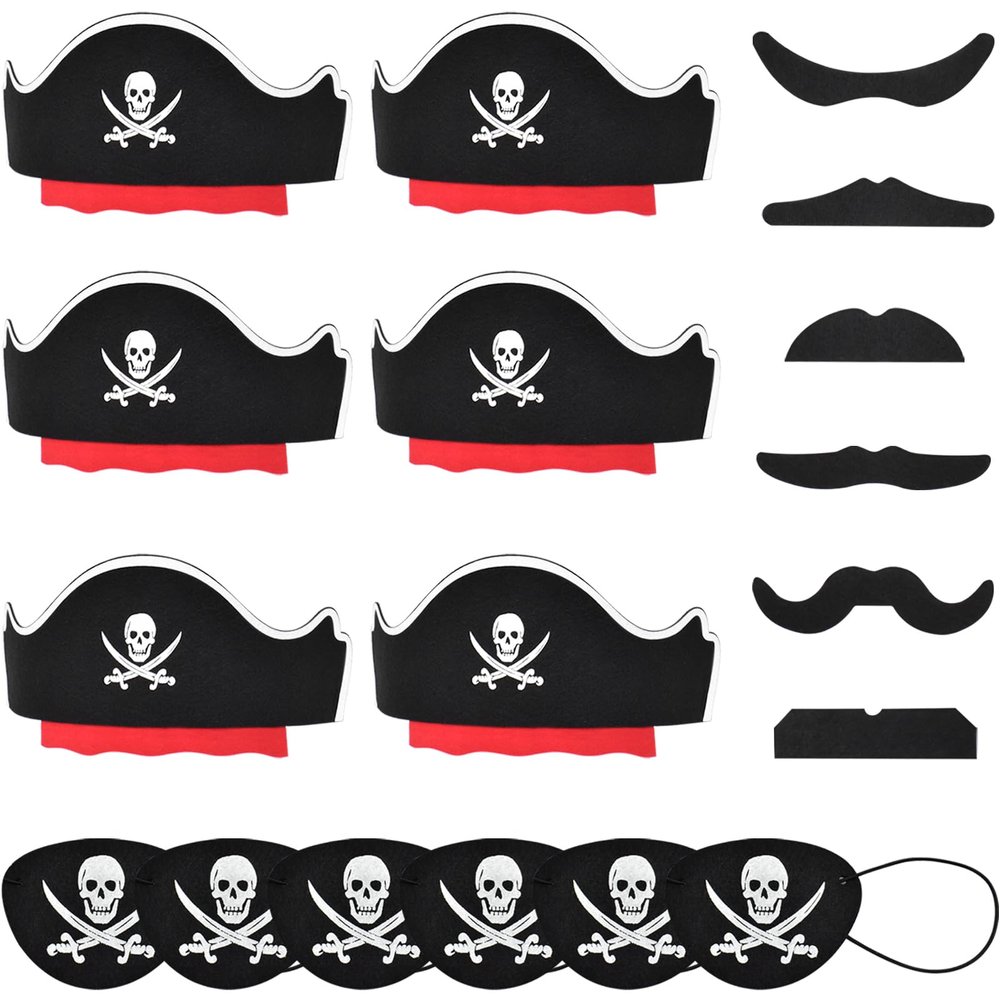 Halatool 6 Set Pirate Accessories for Kids, Include 6 Felt Pirates Hats with 6 Eye Patches and 6 Mustaches, Pirate Costume Accessories for Halloween, Masquerade, Cosplay, Party Favors Decor