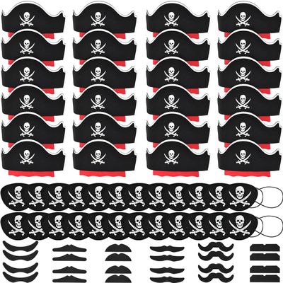 Halatool 72 Pcs Halloween Pirate Party Set for Kids, 24 Pirates Hats with 24 Eye Patches and 24 Mustaches, Pirate Costume Accessories Bulk for Halloween, Masquerade, Cosplay, Party Favors Decor