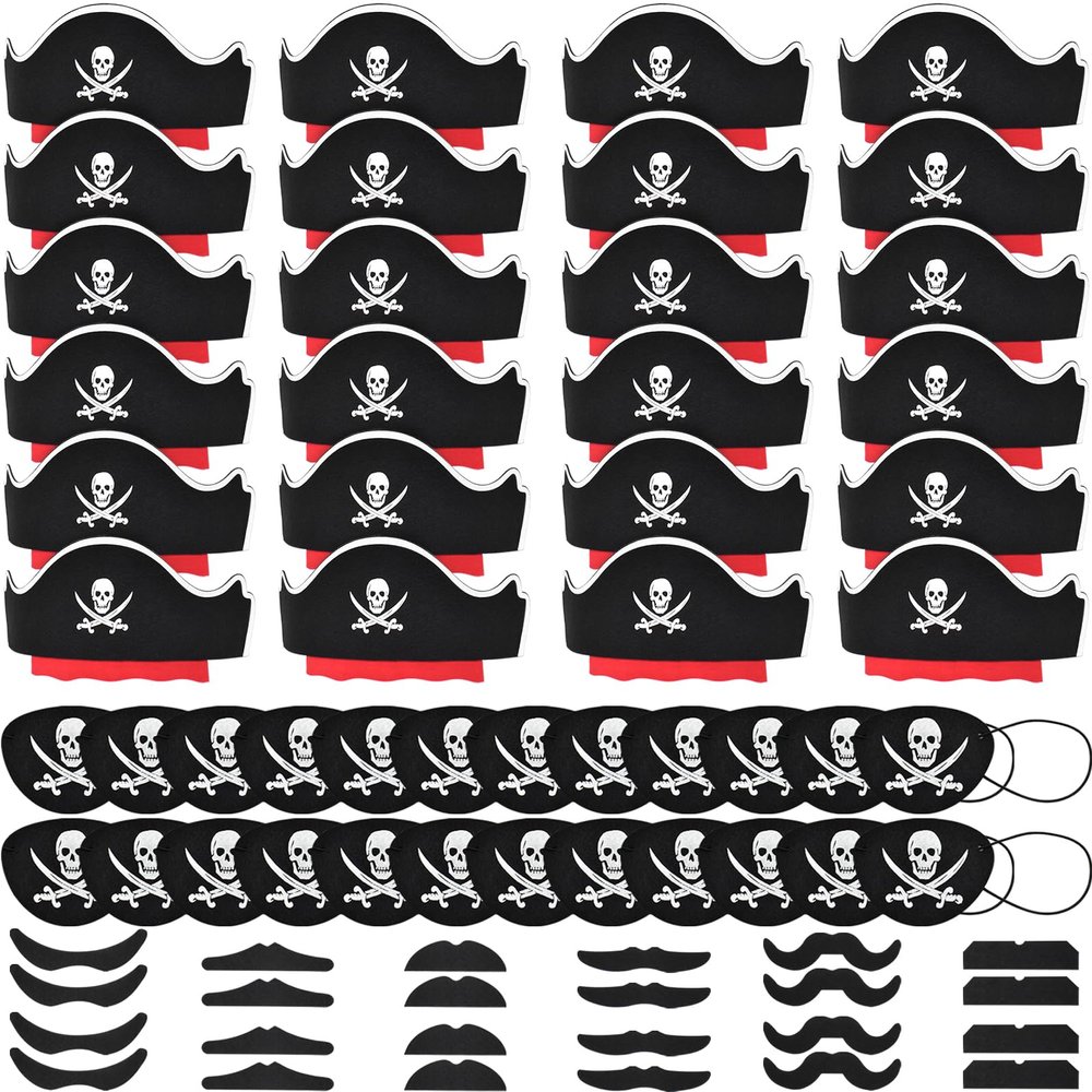 Halatool 72 Pcs Halloween Pirate Party Set for Kids, 24 Pirates Hats with 24 Eye Patches and 24 Mustaches, Pirate Costume Accessories Bulk for Halloween, Masquerade, Cosplay, Party Favors Decor