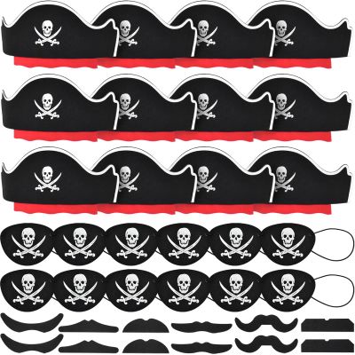 Halatool 12 Set Pirate Accessories for Kids, Include 12 Felt Pirates Hats with 12 Eye Patches and 12 Mustaches, Pirate Costume Accessories for Halloween, Masquerade, Cosplay, Party Favors Decor