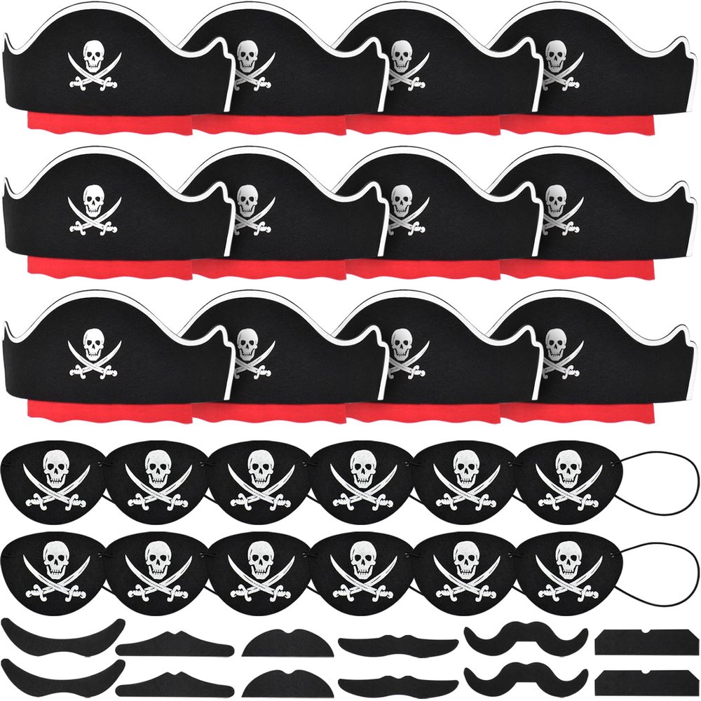 Halatool 12 Set Pirate Accessories for Kids, Include 12 Felt Pirates Hats with 12 Eye Patches and 12 Mustaches, Pirate Costume Accessories for Halloween, Masquerade, Cosplay, Party Favors Decor