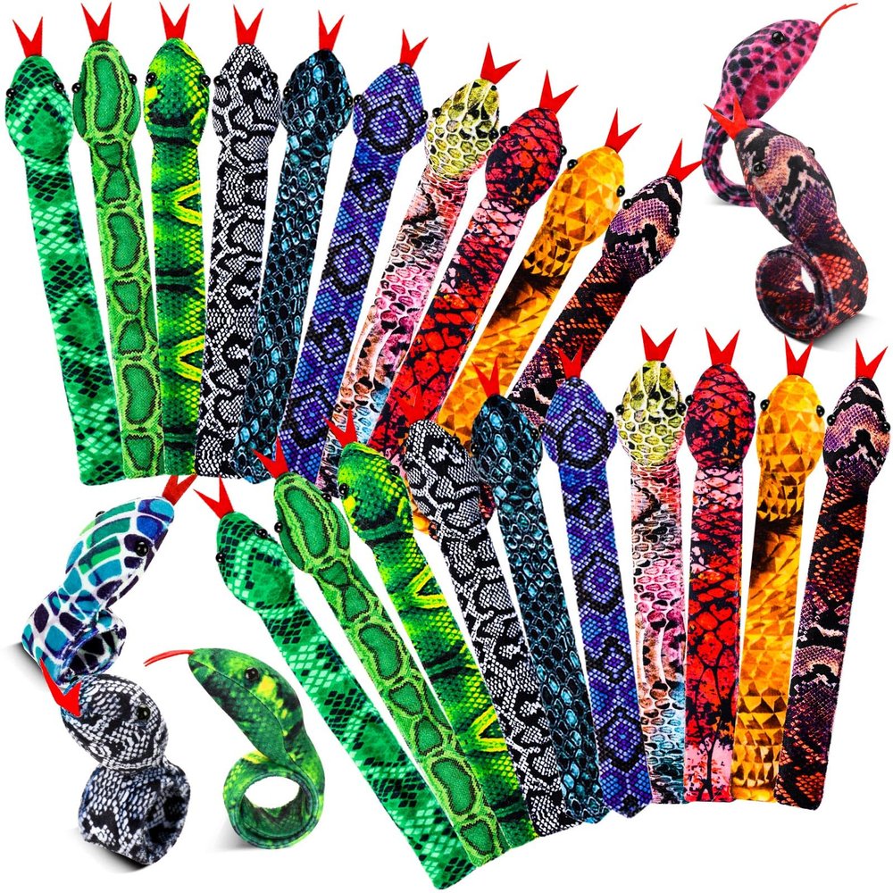 WhistenFla 16Pcs Snake Slap Bracelets, Reptile Party Favors Snake Snap Bracelet Fuzzy Animal Slap on Bracelet for Kids Reptile Birthday Party Supplies Christmas Gifts
