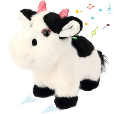 Cuteoy Walking Black Cow Stuffed Animal Speaking Moo Plush Cattle Electric Interactive Animated Plushies Toy for Girls Boys Birthday