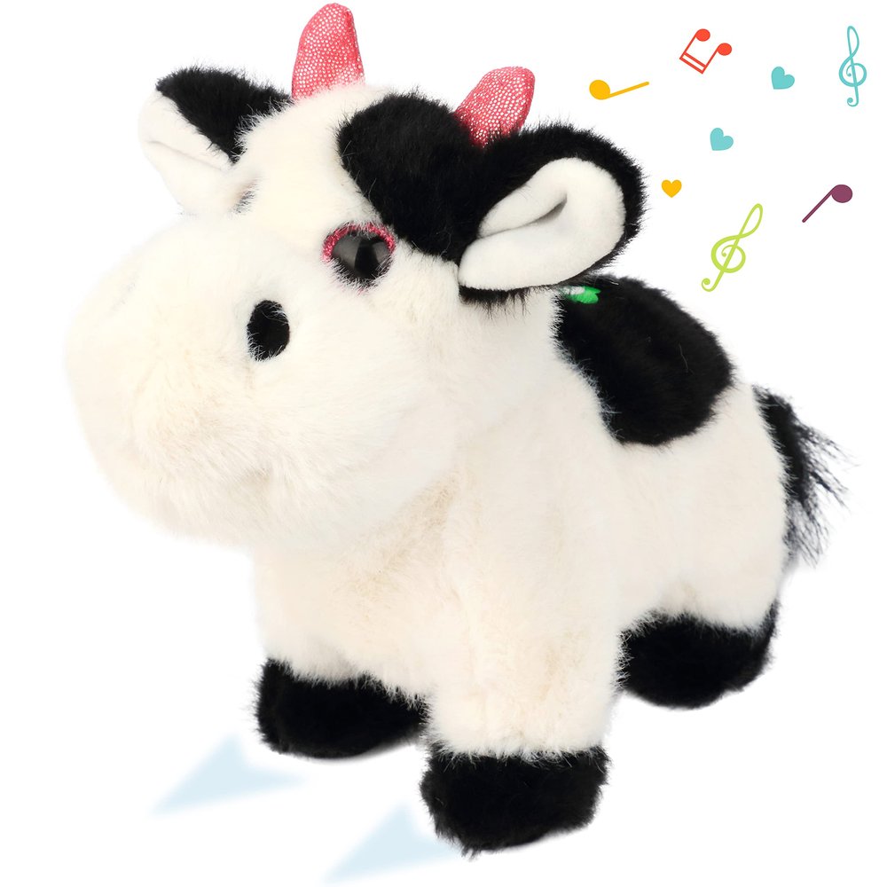 Cuteoy Walking Black Cow Stuffed Animal Speaking Moo Plush Cattle Electric Interactive Animated Plushies Toy for Girls Boys Birthday