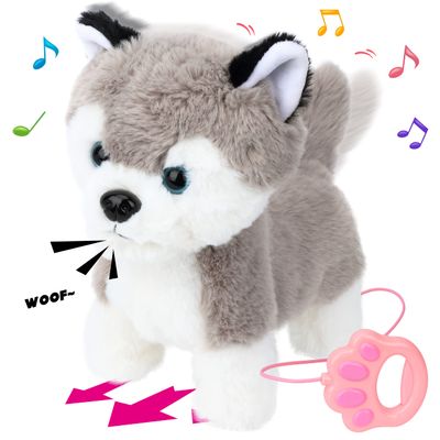 Hopearl Walking Husky Interactive Electronic Pet Musical Dog Toy Remote Control Leash Animated Puppy Singing Barking Wagging Tail Touch Recognition Gifts for Toddlers Birthday, Gray, 9''