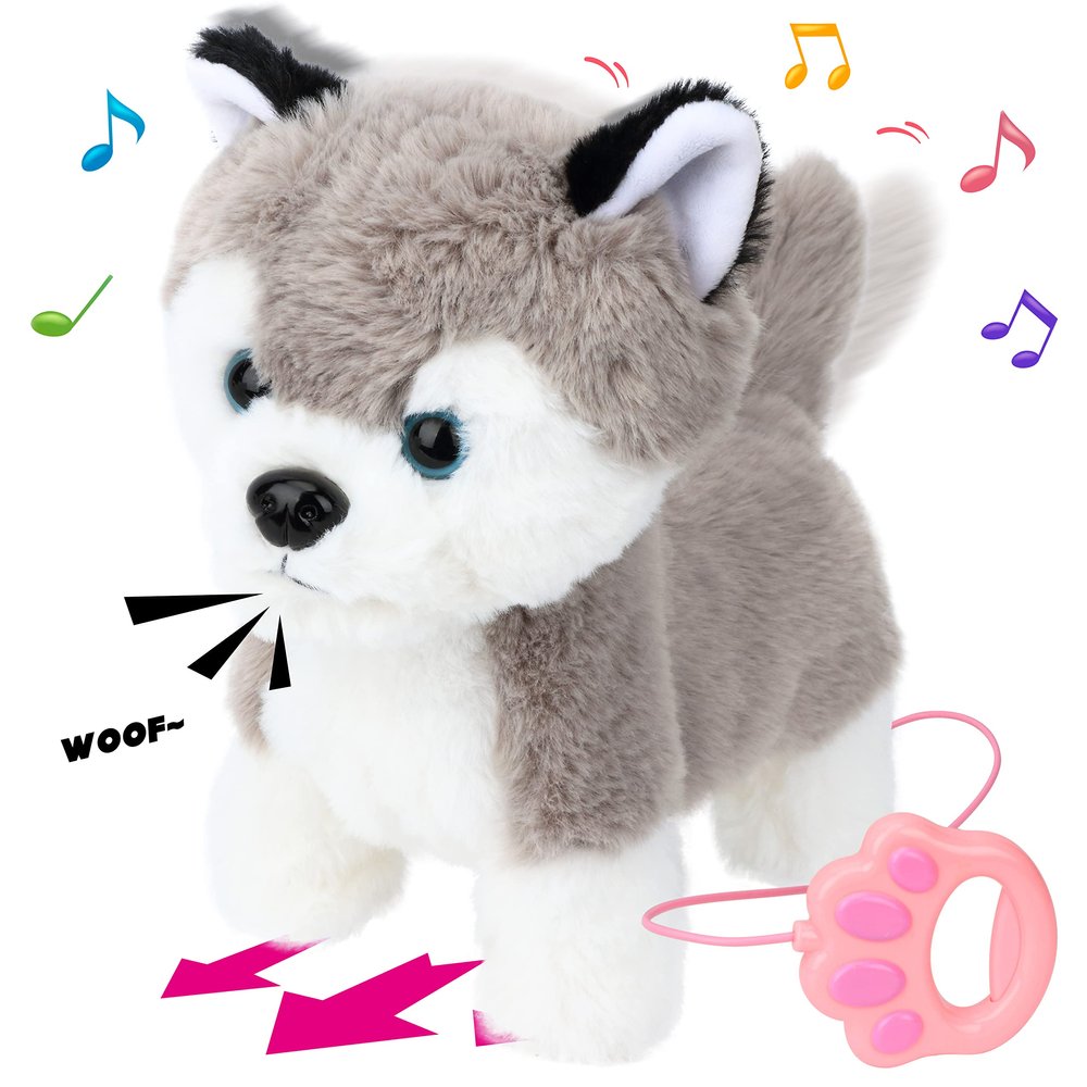 Hopearl Walking Husky Interactive Electronic Pet Musical Dog Toy Remote Control Leash Animated Puppy Singing Barking Wagging Tail Touch Recognition Gifts for Toddlers Birthday, Gray, 9''