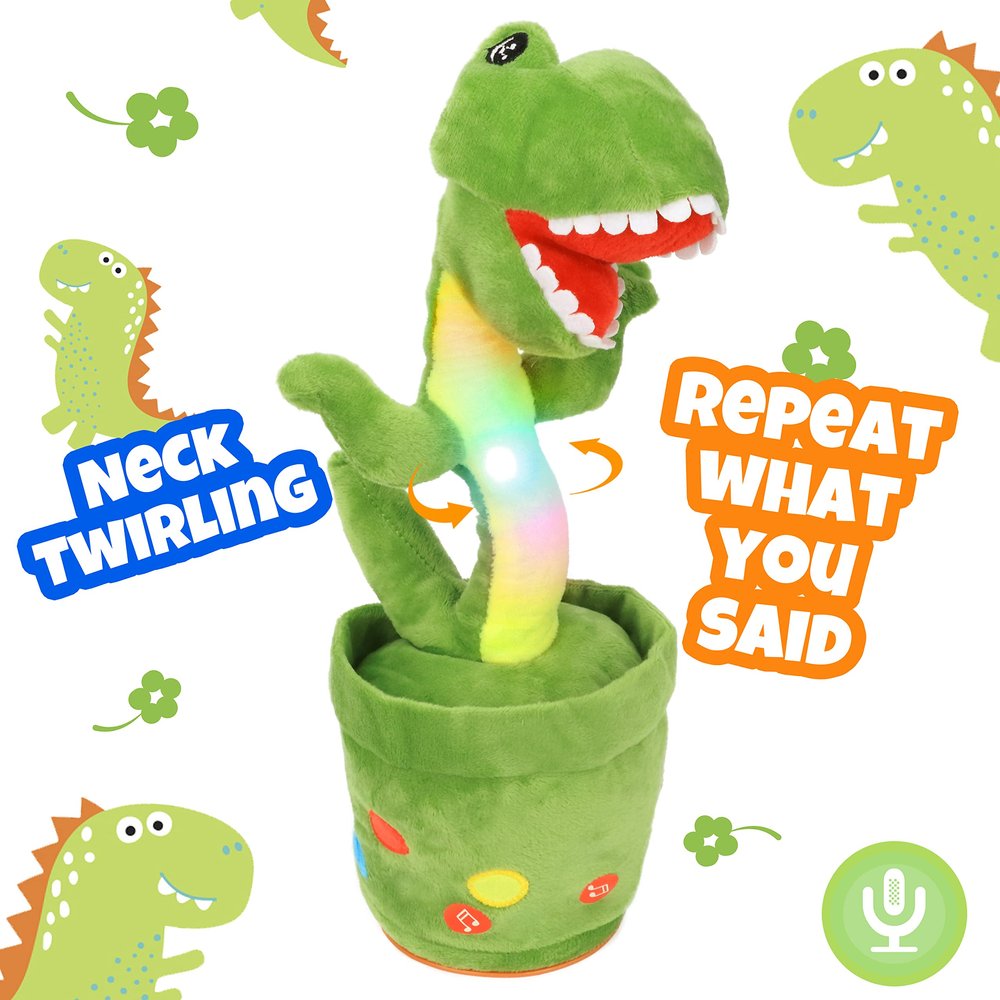 Hopearl Glowing Dancing Dinosaur Toy Repeats What You Say Talking T-Rex Toy Wriggle Singing Mimicking Twisting Light Up Interactive Animated Toy Speaking Plush Gift for Kids, Green, 13''