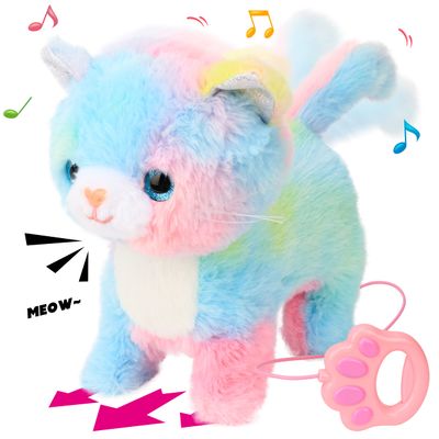 Hopearl Walking Cat Interactive Electronic Pet Singing Kitty Toy Remote Control Leash Animated Musical Kitten Miaow Wagging Tail Touch Recognition Gifts for Toddlers Birthday, Rainbow, 10.5''